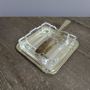 Vintage brass and glass condiment serving dish, square brass dish, trinket dish
